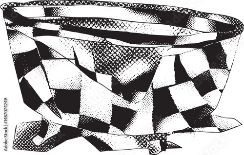 A stylized black and white ceramic cup rests on a textured surface.
