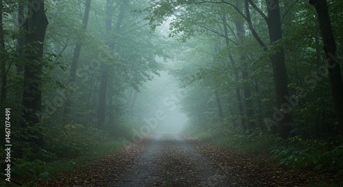Fototapeta Naklejka Na Ścianę i Meble -  Foggy forest road with trees