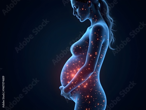 A pregnant figure stands with a glowing, digitized overlay of colorful patterns, symbolizing the connection between life and technology. The futuristic design highlights the beauty of motherhood.