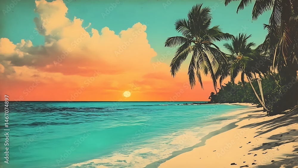 Obraz premium Tropical paradise sunset on a sandy beach with palm trees under a summer sky on classic postcard