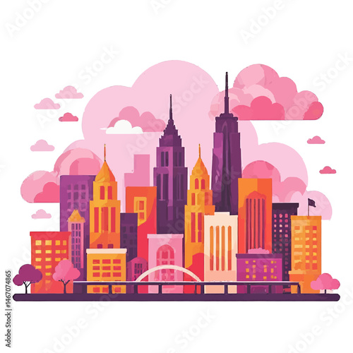 Colorful Cityscape Illustration With Pink Sky For Web Design