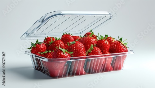 Fresh strawberries in transparent plastic punnet container with copy space for packaging design and marketing