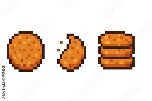 Pixel art cookies and biscuits with bite marks on gradient background