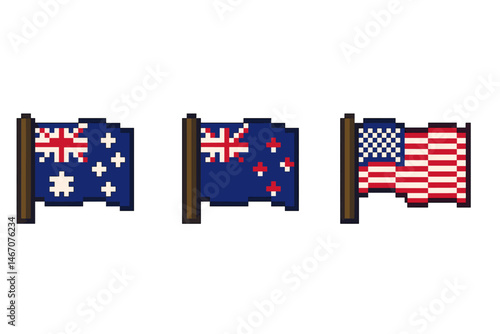Pixel art flags of australia, new zealand, and united states