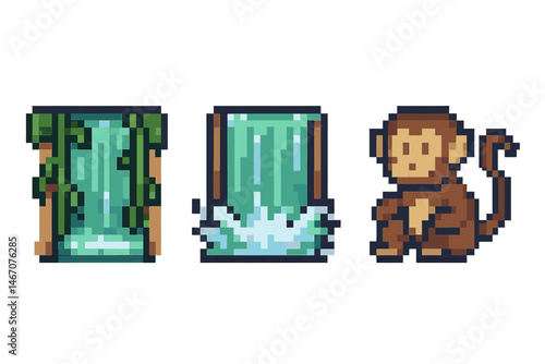 Pixel art jungle: waterfall and monkey icons