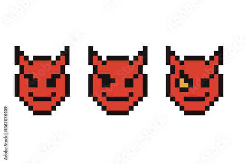 Pixel art red devil faces with horns in various expressions on gray background