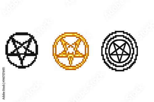 Glowing pixel art satanic symbols on gray background