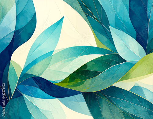 An abstract arrangement of stylized leaves in a cool color palette, creating a sense of nature with a modern artistic touch.