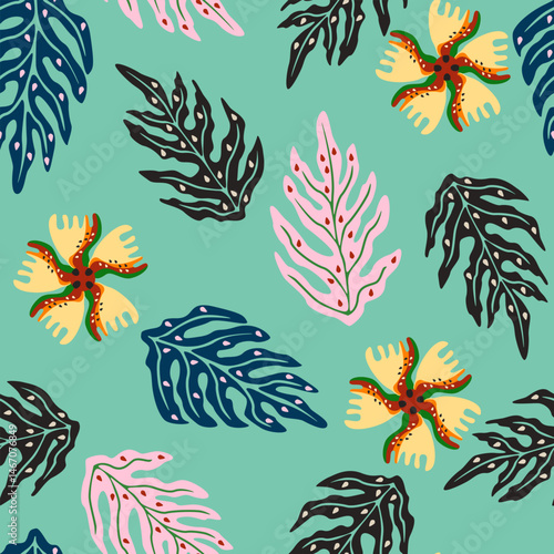 Tropical print design stylized leaves and abstract floral pattern seamless, Contemporary flowers motif for textile.