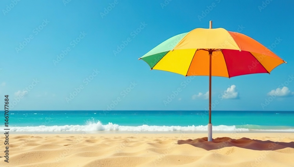 Large colorful umbrella planted in golden sand , protection, red Large colorful umbrella planted in golden sand , protection, red