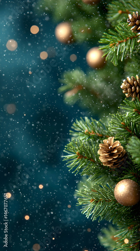 Wallpaper Mural Festive evergreen boughs adorned with gold ornaments and pine cones against a bokeh background, evoking a winter wonderland Torontodigital.ca