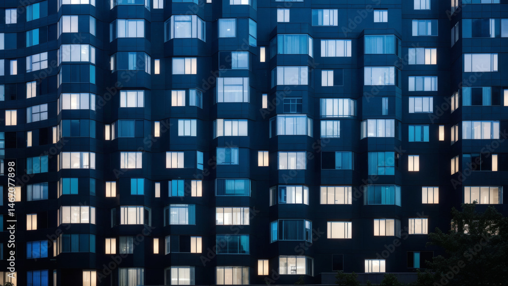 window of a multi-storey building made of glass and steel, lighting and people on a blue background, shooting for business news and business window of a multi-storey building made of glass and steel, lighting and people on a blue background, shooting for business news and business