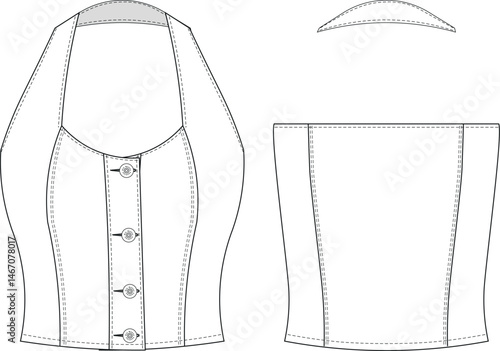 sleeveless strappy strapped shoulder straps halter neck darted tailored buttoned denim jean fit bodycon blouse top template technical drawing flat sketch cad mockup fashion woman design style model 
