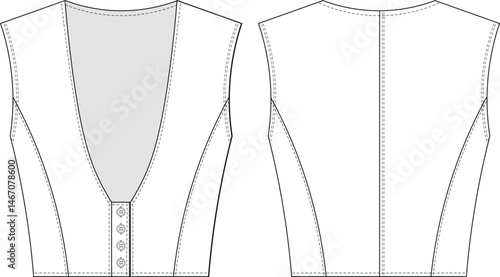 sleeveless v neck princess darted tailored buttoned cropped crop blouse top shirt bustier template technical drawing flat sketch cad mockup fashion woman design style model 
