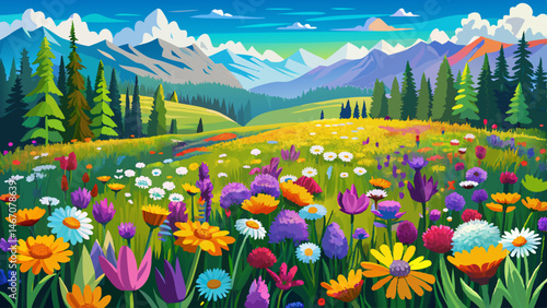 
Colorful wildflower meadows stretch as far as the eye can see — bursts of purple, yellow, red, and white creating a vivid contrast against the rich green of mountain grasses and coniferous trees.