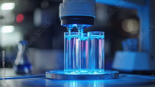 Automated liquid dispensing in a laboratory setting.  Three clear tubes are being filled with liquid by a robotic arm.  The lab environment is lit with cool blue light