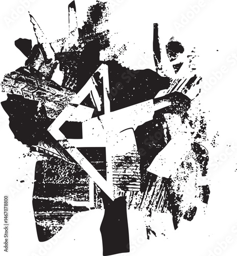 Abstract geometric shapes overlap and blend within a textured monochrome composition.