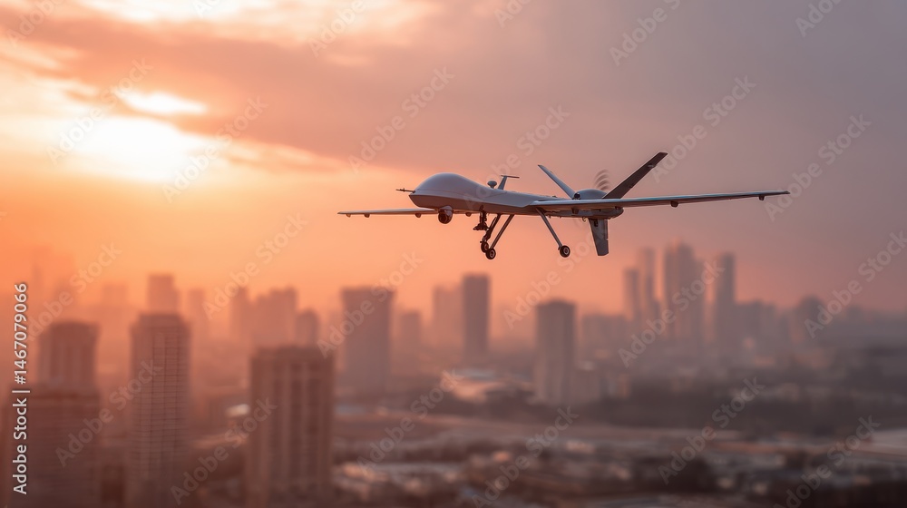 A stunning image of military drone drone in the air over a modern city. The drone is patrolling. Beautiful sunset lighting. A stunning image of military drone drone in the air over a modern city. The drone is patrolling. Beautiful sunset lighting.