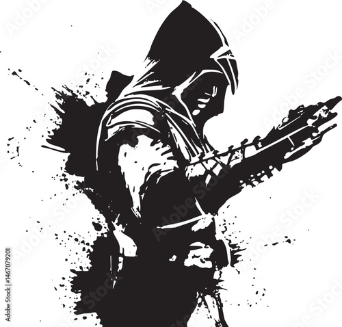 A shadowy figure holds a longbow poised for action.