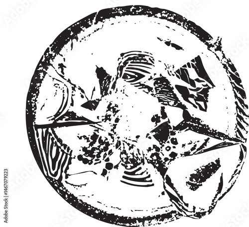 A stylized black and white depicts a circular globe with fragmented continents and a central expressive face.