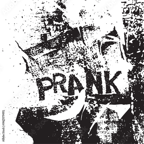 A distressed textured displays the word 'PRANK' in bold letters.