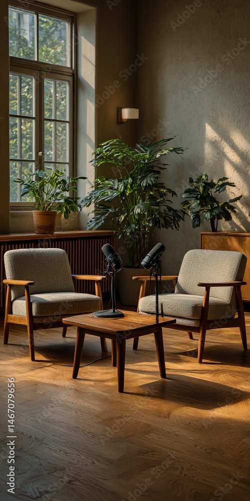 Obraz premium Bright science-themed podcast studio with 2 mics, mid-century chairs, plants, and clinical decor—ideal for interviews and creative science content.