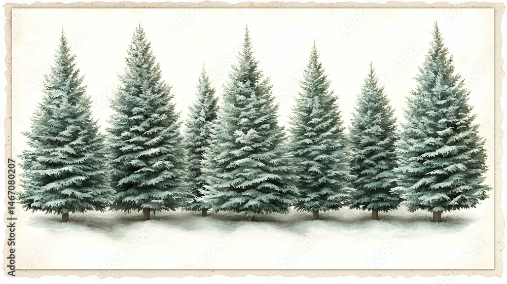 Obraz premium Seven snow-covered evergreen trees stand in a row against a white background