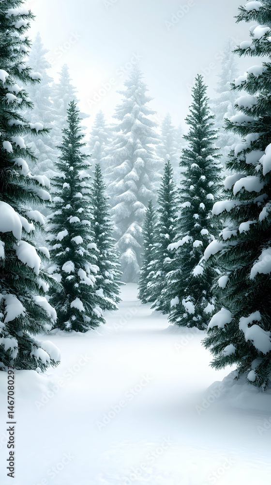 Fototapeta premium Snow-covered evergreen trees line a path through a tranquil winter forest