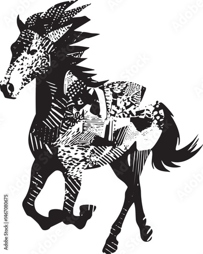 A stylized black and white horse gallops forward with intricate geometric .