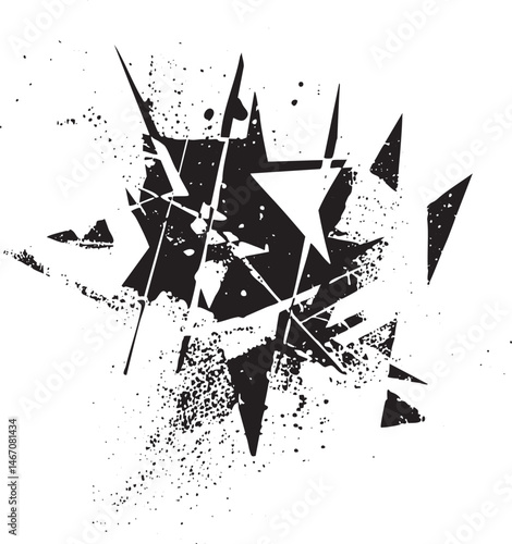 A fragmented black shape explodes across a white background.
