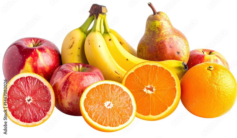 Mixed Whole and Cut Fruits Assortment, Natural Food Elements, Transparent Background Mixed Whole and Cut Fruits Assortment, Natural Food Elements, Transparent Background