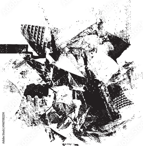 Fragmented black and white abstract shapes collide in a dynamic composition.