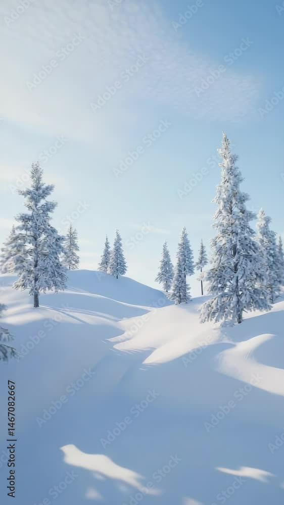 Snowy rolling hills and pine trees covering landscape, white wilderness stretching beneath clear blue sky, embodying peaceful winter serenity and pristine natural scenery Snowy rolling hills and pine trees covering landscape, white wilderness stretching beneath clear blue sky, embodying peaceful winter serenity and pristine natural scenery