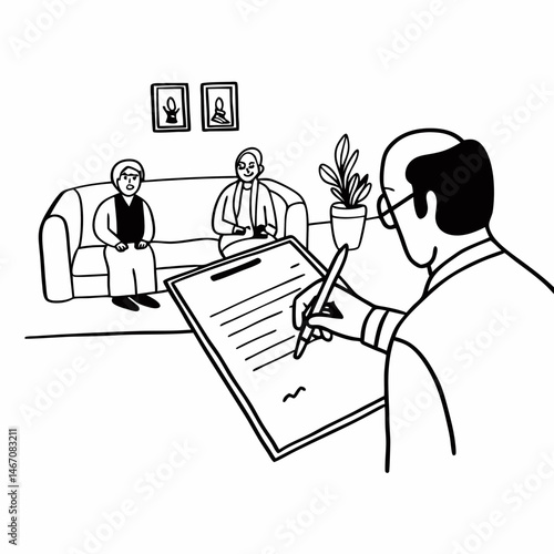 Caretaker helps senior patients sign homecare agreement, fill informed exam consent, understand test result or health insurance details. Grandparents discuss professional home care nurse service costs