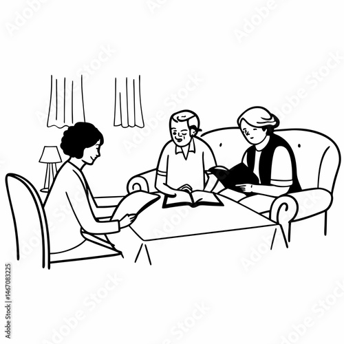 Caretaker helps senior patients sign homecare agreement, fill informed exam consent, understand test result or health insurance details. Grandparents discuss professional home care nurse service costs