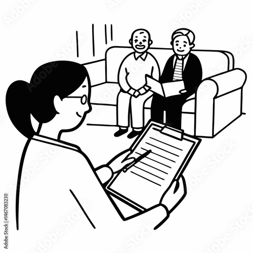 Caretaker helps senior patients sign homecare agreement, fill informed exam consent, understand test result or health insurance details. Grandparents discuss professional home care nurse service costs
