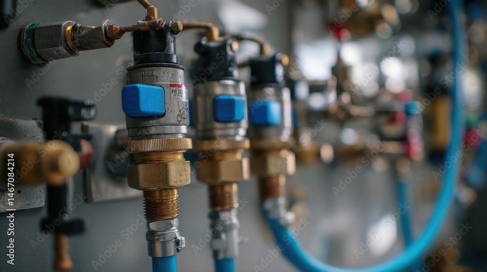 A stunning image of close-up view of industrial pneumatic tools connected to a compressed air system, with hoses and valves visible. The setup showcases precision and technology. A stunning image of close-up view of industrial pneumatic tools connected to a compressed air system, with hoses and valves visible. The setup showcases precision and technology.