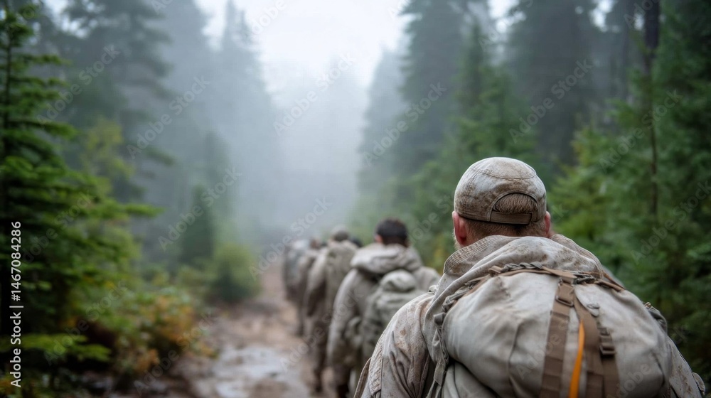 A group of soldiers is moving along a narrow path in a misty forest, focused on their training amid dense trees and underbrush, emphasizing teamwork and resilience A group of soldiers is moving along a narrow path in a misty forest, focused on their training amid dense trees and underbrush, emphasizing teamwork and resilience