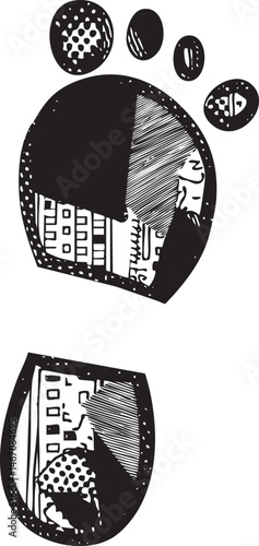 Two circular figures one stylized face and one abstract shape are presented in a stark black and white composition.