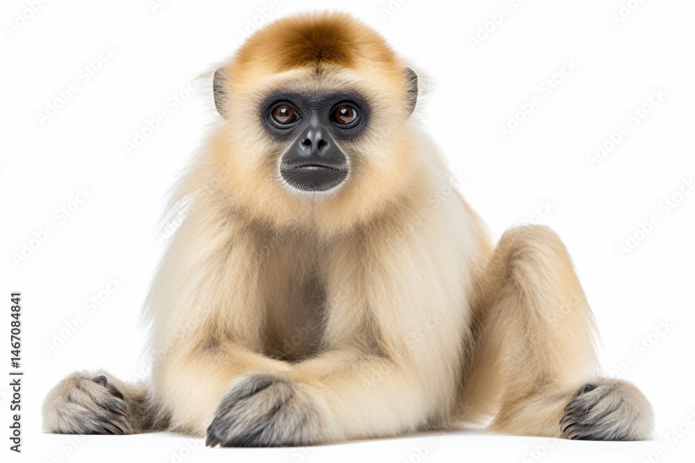 Fototapeta premium Gentle Golden Gibbon Serene Pose Against White Background Captivating Gaze Studio Shot