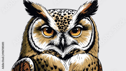 Close-up of a majestic owl with intense eyes, wildlife illustration concept