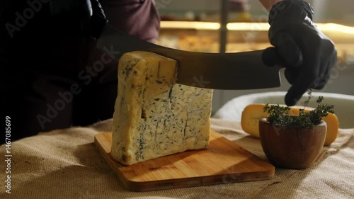 A cheesemaker slowly cuts a large wheel of Stilton cheese into several pieces with a large knife.Hand-ripened cheese being sliced ​​in a cheese manufactory, cheese mold, gourmet food.
