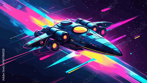 Stylish spaceship zooming through vibrant space, digital illustration concept