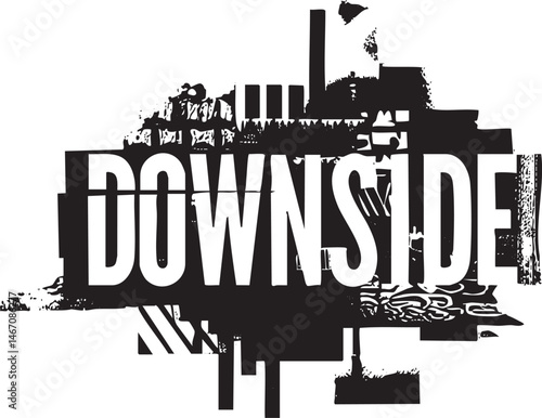 Black and white depicting the word ‘Downside’ with fragmented building shapes.