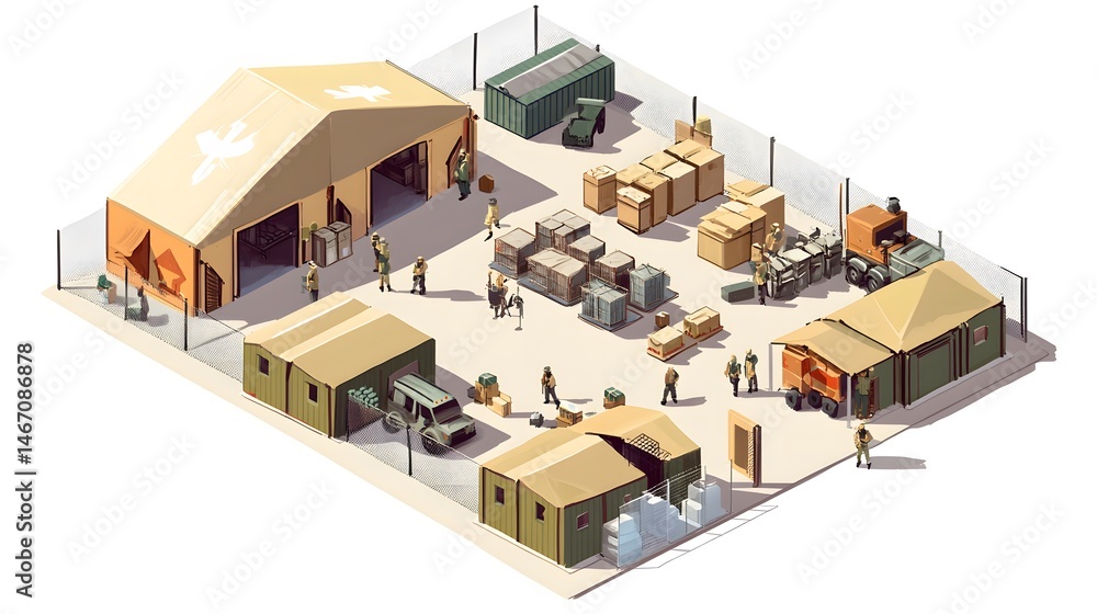 Fototapeta premium Isometric view of a humanitarian aid center in operation