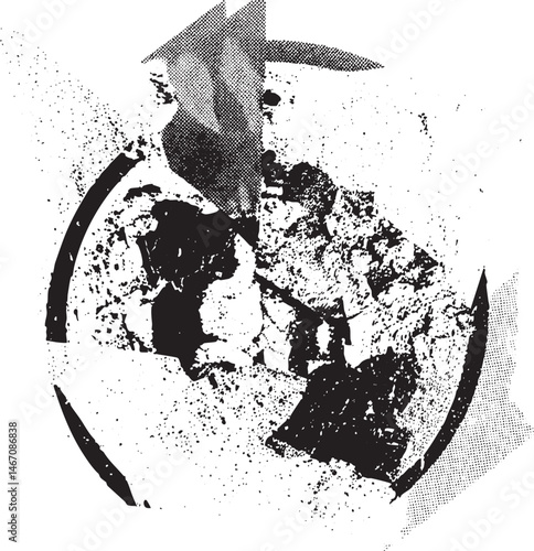 A textured fragmented circle dominates the with a sharp diagonal element.