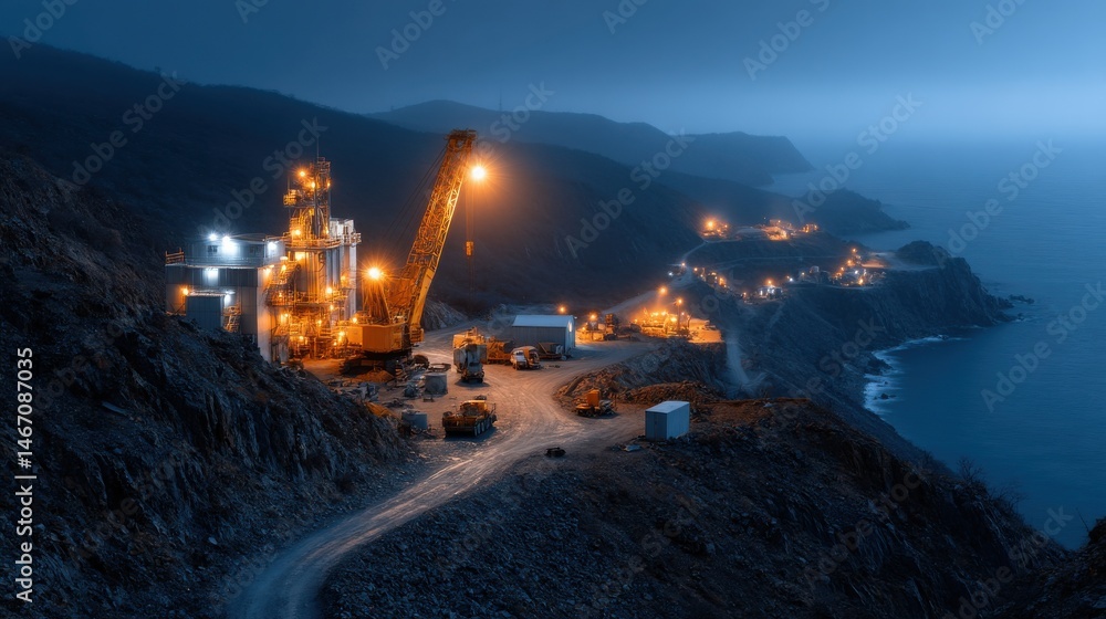 Fototapeta premium A large construction site with a crane and a lot of trucks