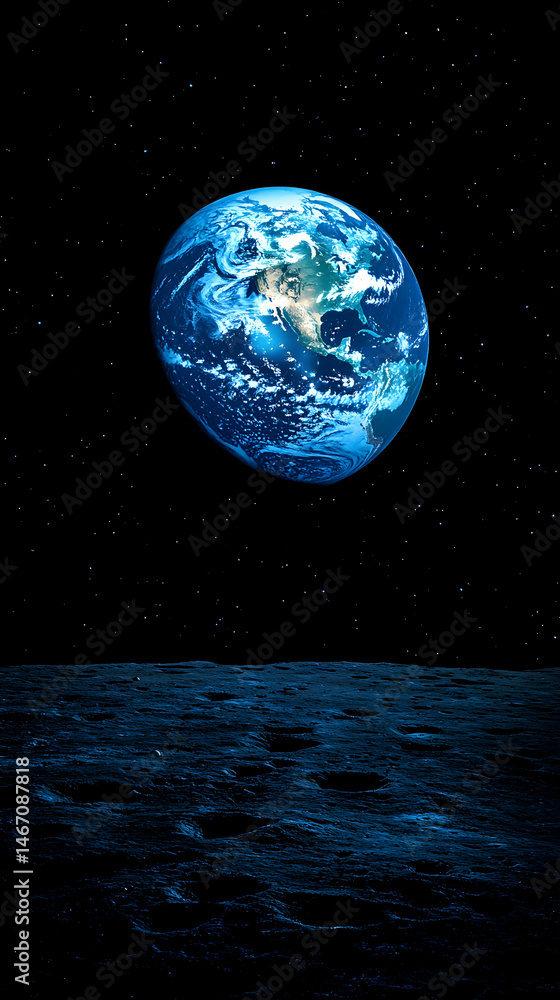 Obraz premium Earthrise view from lunar surface, showcasing a detailed planet against a star-studded backdrop