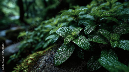 Close-up view of fresh, wet mint leaves on a mossy rock in a lush, green environment.