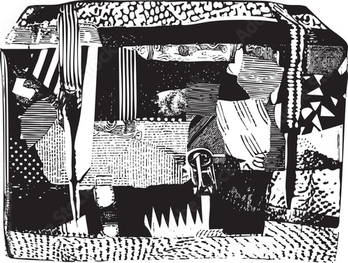 A solitary figure sits within a geometric abstract structure.